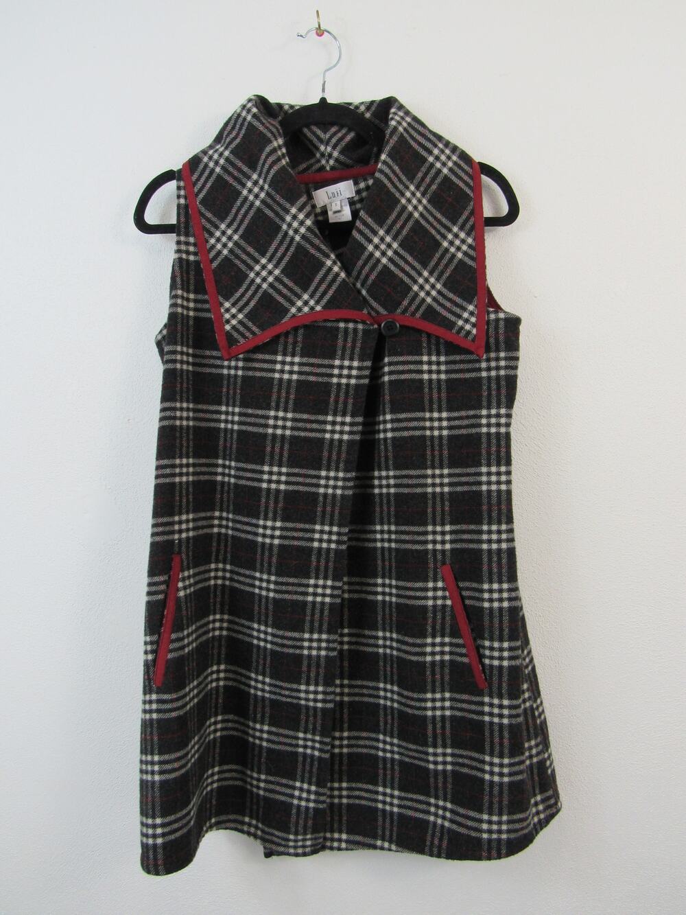 Luii Small Black Gray Plaid Collared Vest Jacket Long Line Mini Dress Pockets